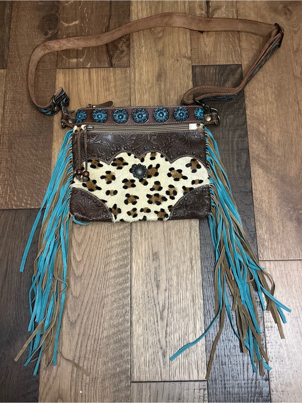 Myra Eclectic Embrace Hand Tooled Bag Cheetah Print Long Fringe Turquoise Rodeo